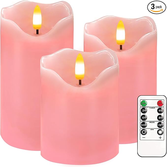 VEEKI Flameless Candles Light, Set of 3 Flickering LED Candle with Remote & Timer, Dimmable Electric Pillar Candles Battery Operated, Pink Candles for Valentine's Day Xmas Home Decor (3PC)