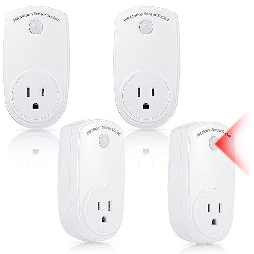 Macarrie 4 Pieces Motion Sensor Sockets Indoor Plug in Sensor Light Control Switch 120 Degrees Motion Activated Detector Plug Outlet for Corridor Garage Patio Aisle Room, 20ft Range, CE Listed