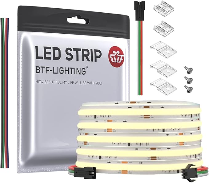 BTF-LIGHTING FCOB COB LED Strip Addressable WS2811 IC 4000K Natural White Flexible High Density Uniform Chasing White Light 16.4FT DC24V CRI 90+ 360LED/m for Indoor Decor(No Adapter or Controller)