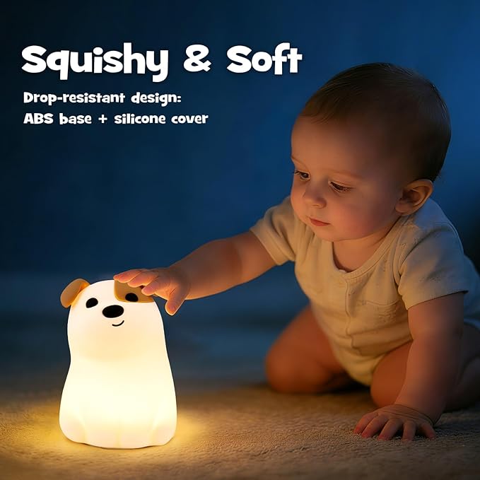 Dog Night Light Squishy Silicone Nursery Breastfeeding Nightlight with Timer 3-Level Warm White RGB Color Modes Cute Puppy Lamp Rechargeable Touch Bedside Desk Animal Lamp for Bedroom Dorm Decor