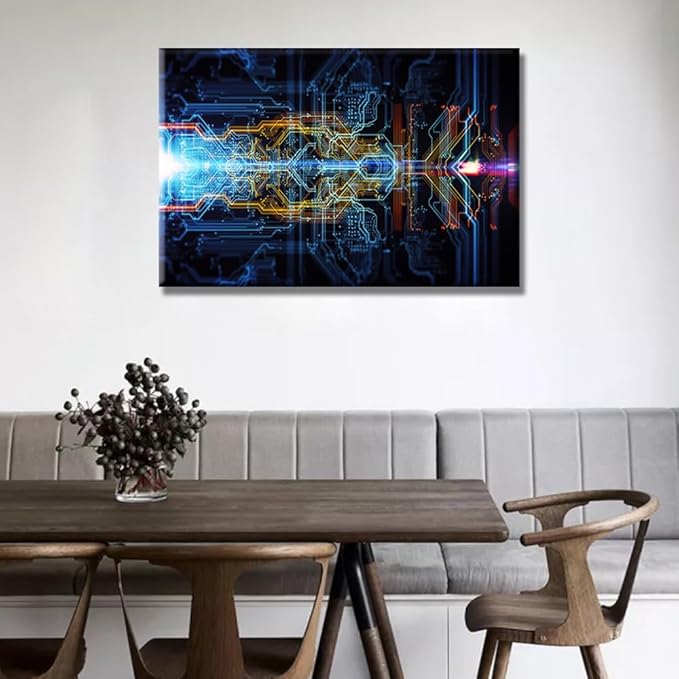 1 Piece Abstract Technological Background Wall Painting CPU Concept Wall Decorations for Living Room Pictures Print on Canvas Circuit Board Framed Artwork for Home Wall Bedroom Decorations 16X24 INCH