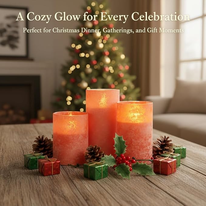 ANGELLOONG Orange Flameless Candles with Remote, Real Wax Battery Operated LED Pillar Candles for Christmas Decorations, Flickering Fake Fall Candles for Wedding Bathroom Kitchen Party Decor