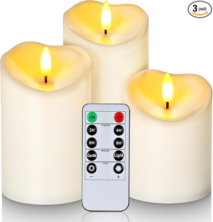 Homemory Outdoor Waterproof Flameless Candles, LED Candle with Remote and Timer, Battery Operated Candles, Electric Fake Plastic Candles, Ivory White, Set of 3