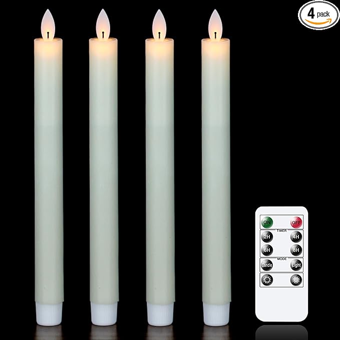 Wondise Flameless Taper Candles Remote with Timer, Battery Operated Real Wax Ivory LED Taper Candles for Christmas Window Decoration, Set of 4(D0.78 x H9.5 Inch)