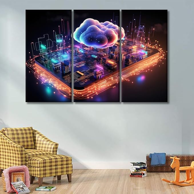 LSIUHWUWI 3 Panel Wall Art for Living Room, Cloud Computing Concept Picture Prints on Canvas for Living Room Bedroom Wall Decoration Wooden Framed Ready to Hang, 20x40inchx3