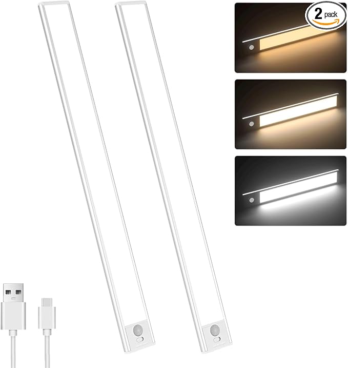 Motion Sensor Under Cabinet Lighting-Magnetic Rechargeable Closet Lights for Kitchen,Stairs,Wardrobe | 3-Color Dimmable LED Under Counter Lighting | Pro Battery Upgrade (2, 12 inch)