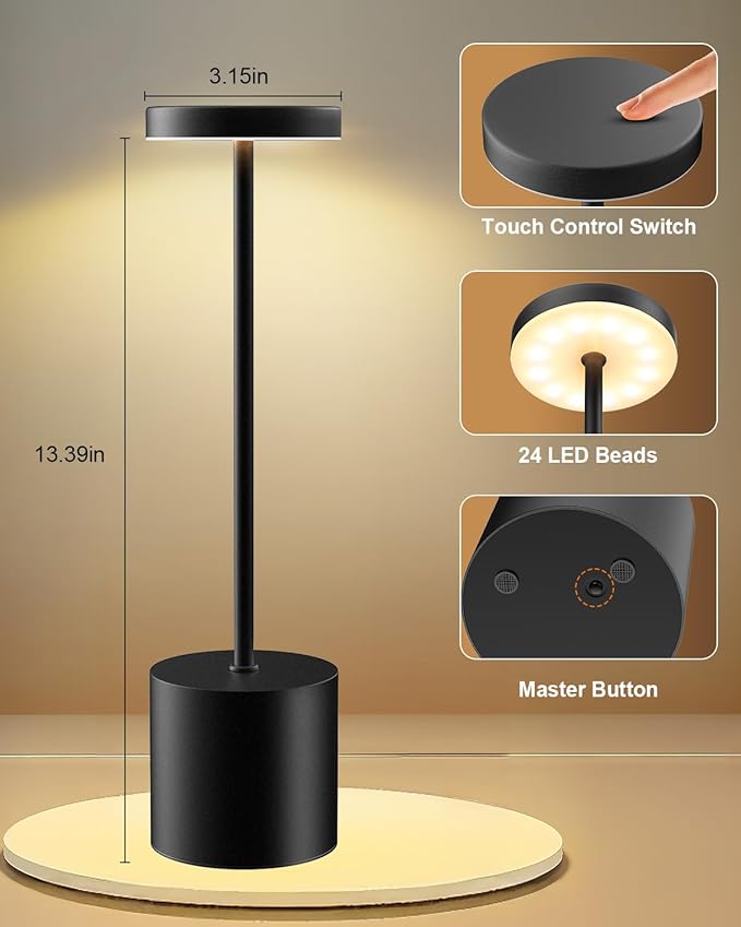 Black Cordless Table Lamp, Rechargeable 5000mAh Battery Powered Wireless Table Light, 3 Color Dimmable Lighting, Patio Outdoor Table Lamp, Bedside Night Lamp, Ambient Light for Dining