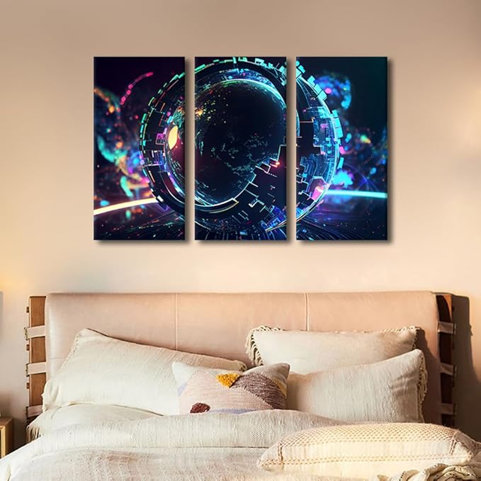 TUMOVO 3 Panel Digital World Wall Art Future Energy Power Technology and Internet Connection Concept Pictures Print on Canvas for Home Wall Decoration, Framed Ready to Hang, 36" Wx24 H