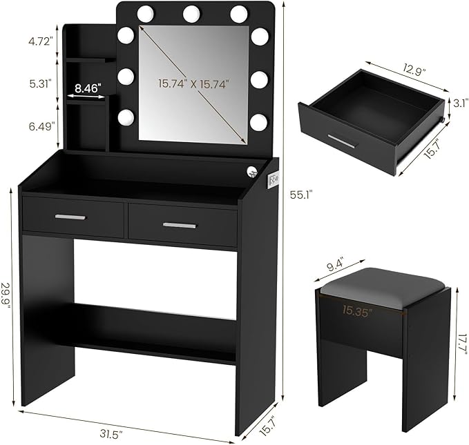 Vanity Desk with Lights and Mirror - Makeup Vanity Set with Power Outlet & USB Ports, 3 Lighting Modes, Adjustable Brightness, Includes 2 Drawers and Cushioned Stool, Small Dressing Table for Bedroom