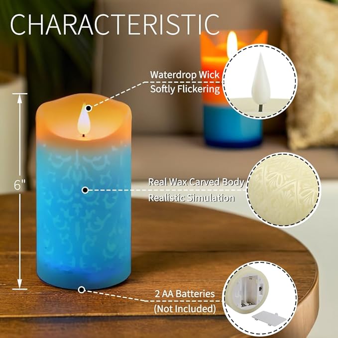 NICEME 6" LED Multi Colored Flameless Candle with Remote Control Timer Realistic Wax Color Changing Candle Battery Operated Flickering Candle