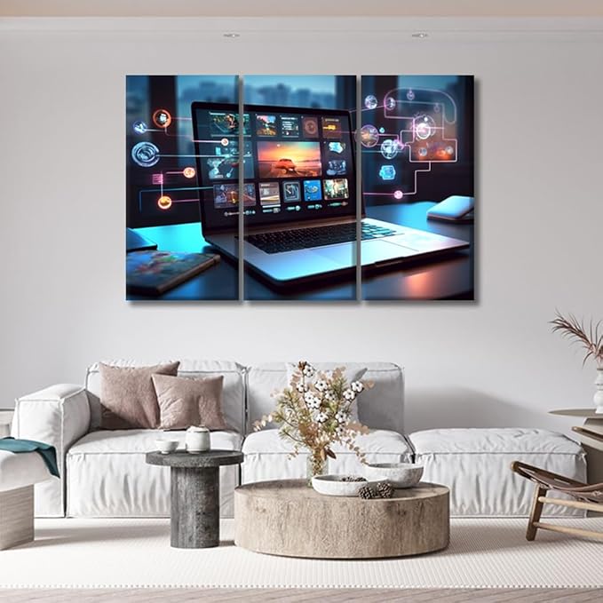 3 Panel Framed Wall Art Cloud Technology,Smart Home Picture Poster for Bedroom Living Room Wall Decoratio, Concept Art Gallery-Wrapped Ready to Hang 20x40inchx3