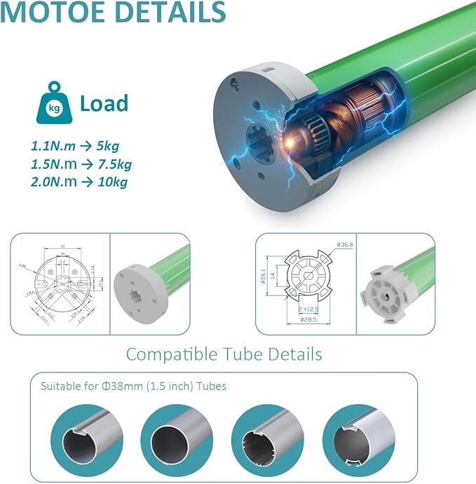 ZigBee Smart Roller Shade Motor for 1.5" Tube (38mm), Solar Powered Electric Blind Motor Kit, Quiet Wireless Retrofit for Roller/Zebra Shades, App/Voice Control (1.1N.m Torque)