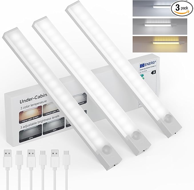 Under Cabinet Lights 8 Inch 3-Pack, Rechargeable Battery Operated Motion Sensor Light Indoor, Dimmable Closet Lights, Wireless Under Counter Lights for Kitchen, Stairs
