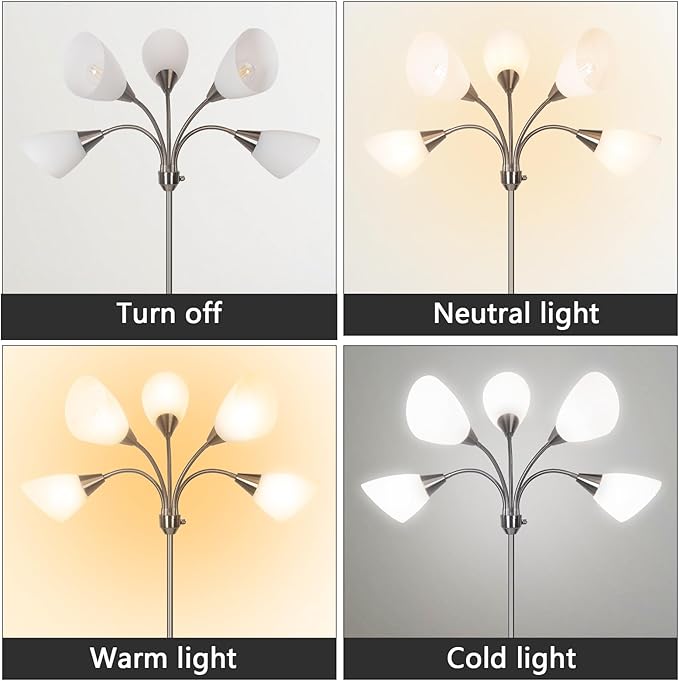 HonoDing Medusa Floor Lamp Standing Lamp 5 Heads Adjustable Reading Light Large Shade Use E26 A19 Bulb for Living Room Bedroom Satin Nickel