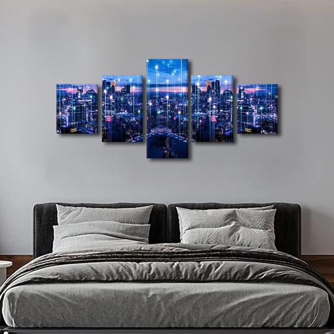 Bangkok Urban Skyline Wall Art 5 Panel Modern City Lighting Poster Big Data Abstract Point Picture Advanced Smart City Canvas Art Internet Workers Home Wall Decor Frame Ready to Hang 50x24 Inch