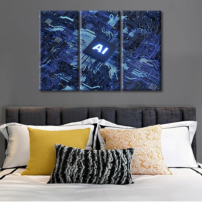 Virtual Network Wall Art 3 Pieces Artificial Intelligence Concept Canvas Art Wall Decor Chip Modern Wall Art Pictures for Living Room Artwork Paintings Giclee Framed Ready to Hang (36"Wx24"H)