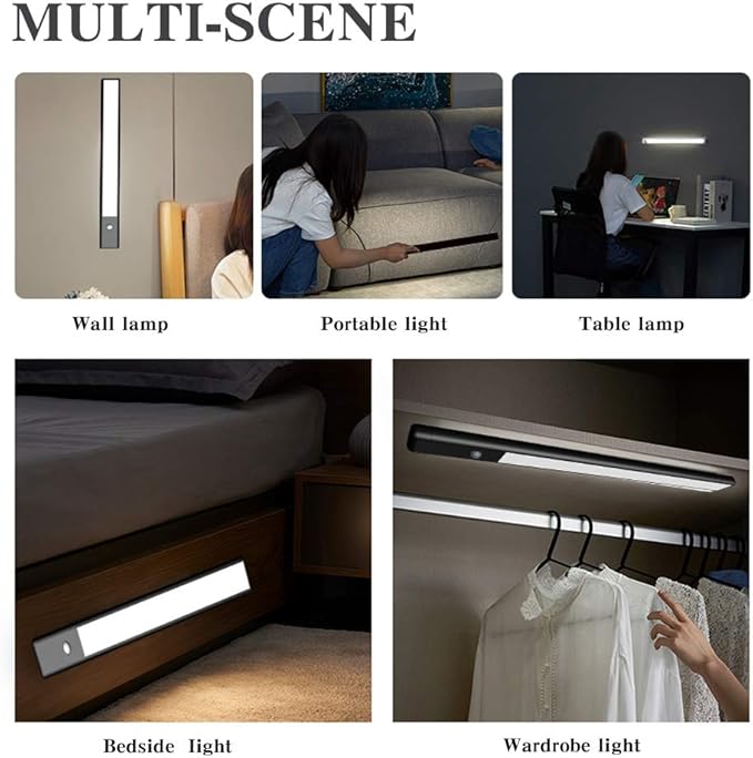 LED Closet Light, Dimmable Motion Sensor Activated Under Counter/Cabinet Lighting USB Rechargeable 54 LEDs -4Modes Touch Switch-Magnetic Stick Night Bar for Stairs,Wardrobe,Kitchen,Bedroom