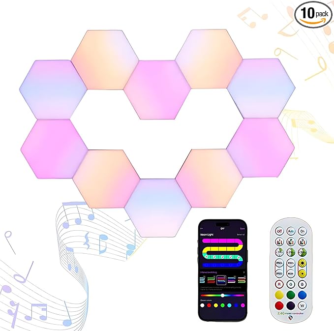 STONEBROOK Smart RGB + IC Hexagon Light Panels, DIY Wall Lights with Music Sync, Alexa & Google Assistant, Wi-Fi App Control,Gaming Lights for Gaming Setup, Gaming & Bedroom Decor (10-Pack)