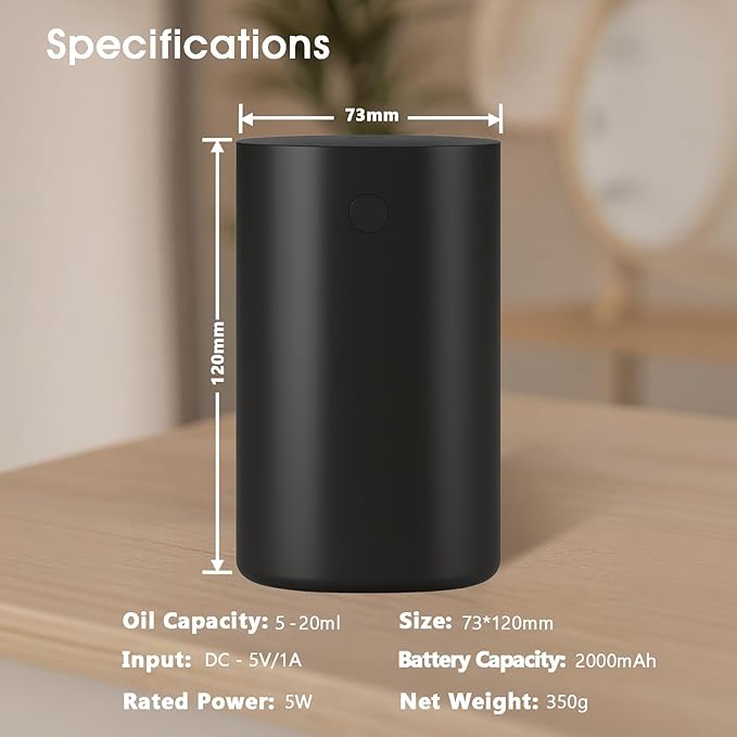 Waterless Diffuser for Essential Oil Rechargeable Scent Diffuser Machine, 0.7 Fl.Oz. 20mL Capacity, 4 Countdown Timers & 4 Mist Levels for Home, Room, Car, Office, Christmas Decorations Indoor, Black