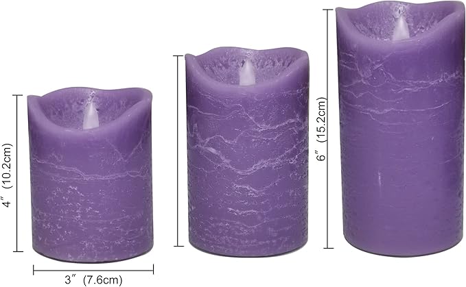 CANDLE CHOICE Real Wax Battery Operated Flameless Candles with Remote Automatic Daily Cycle Timer Realistic Flickering Electric LED Pillar Wedding Party Holiday Decoration 3 Pack Rustic Texture Purple