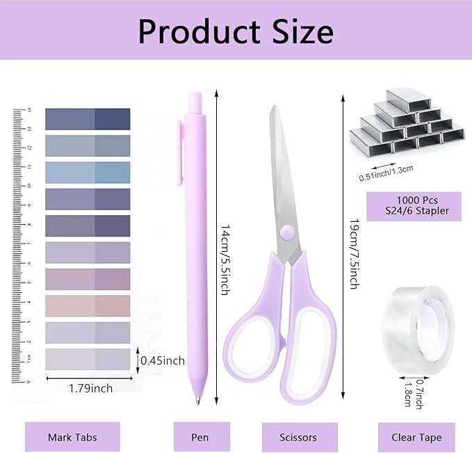 suniya Office Supplies,Desk Accessories,Tape Holder,Stapler,Scissor,Staple Remover,Box of Binder Clips,Staples,Ballpoint Pen,Lndex Tabs,Clear Tape,Office Supplies Set(Purple)