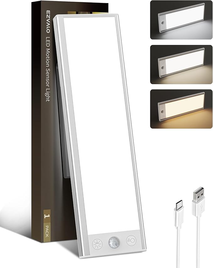 EZVALO 5000mAh Under Cabinet Lighting, 200LM Motion Sensor Light Indoor, Rechargeable Magnetic Under Counter Lights, 3 Inch Wide Panel Dimmable Closet Light for Pantry, Wardrobe, Hallway, Kitchen etc.