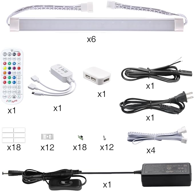 LABOREDUCER RGB Under Cabinet Lights,6 Pack Plug in or Hardwired Linkable RGB LED Closet Light with Remote and APP Control,24V Under Cabinet Lighting for Kitchen Closet Counter 18W(RGB+Warm White)