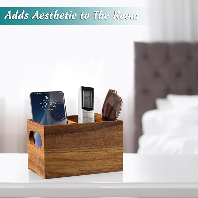 DRASTAR Remote Control Holder, Wood TV Remote Holder, Remote Storage Caddy, Remote Control Organizer (Acacia, 2 Slots)