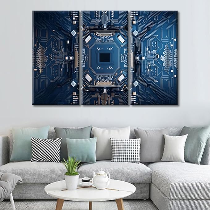 Large Size Motherboard Digital Chip Canvas Wall Art for Living Room 3 Panels Advanced Electronic Circuit Modern Painting Picture for Bedroom Office Home Wall Decorations Frame Wall Decor 60"Wx40"H