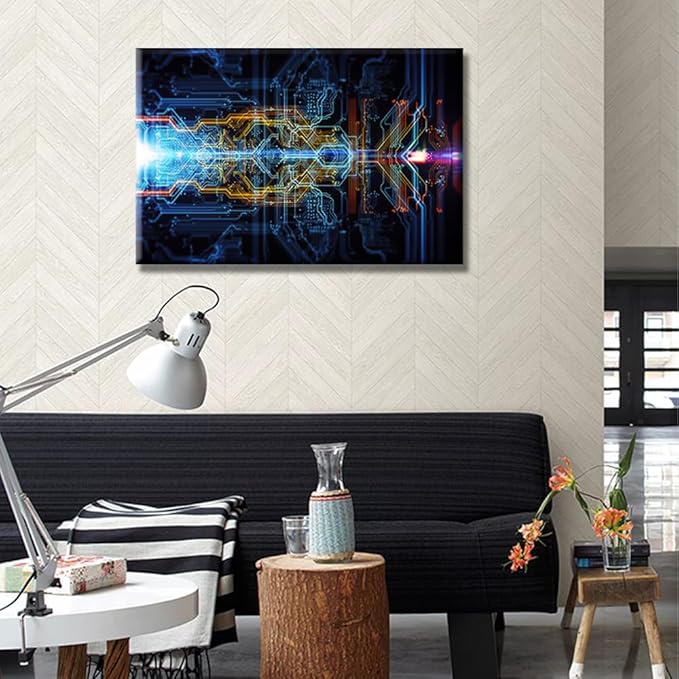 1 Piece Abstract Technological Background Wall Painting CPU Concept Wall Decorations for Living Room Pictures Print on Canvas Circuit Board Framed Artwork for Home Wall Bedroom Decorations 16X24 INCH