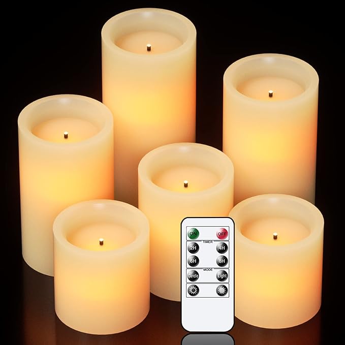 Eldnacele LED Flameless Flickering Candles Optical Fiber Wick with 10-Key Remote and Timer, Battery Operated Wax Candles Set of 6 Home Decoration(D3 x H3 4" 5" 6" 7")