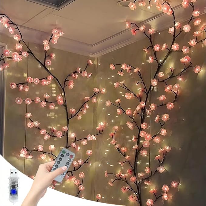 LED Tree Branch Lights for Wall 5.91 FT 96LEDs Cherry Blossom Lights with Remote and 8 Lighting Modes Cherry Blossom Garland Willow Vine Light for Bedroom Indoor Wall Wedding Christmas Decor