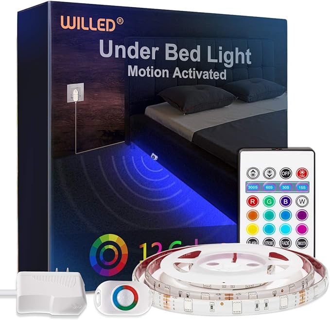 WILLED RGB LED Strip Lights, Under Bed Light Motion Activated Sensor, RF Remote Control with Timer, Color Changing Strip Lighting for Bed, Stairs, Shelf, Desk, Cabinet and Party Decoration