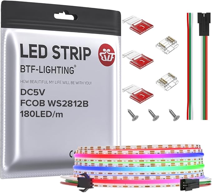 BTF-LIGHTING FCOB COB WS2811(WS2812B) IC RGB 180LED/m 360IC LED Strip DC5V 6.5FT Individual Addressable Flexible High Density Uniform Light Dream Chasing Color 10mm Width(NO Adapter or Controller)