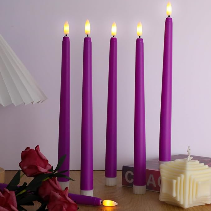 Macarrie 24 Packs Flameless Taper Candles Battery Operated Fake 11 Inch Long Candle Light LED Flameless Candlesticks Flickering Tapered for Wedding, Halloween, Christmas(Purple)