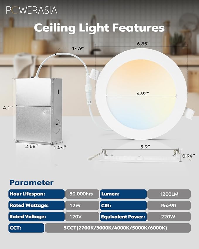 12 Pack 6 Inch Ultra-Thin LED Recessed Ceiling Light with Junction Box, Recessed Lighting 6 Inch 5000K Dimmable Daylight, 15W 220W Eqv, 1200LM High Brightness - ETL and Energy Star Certified