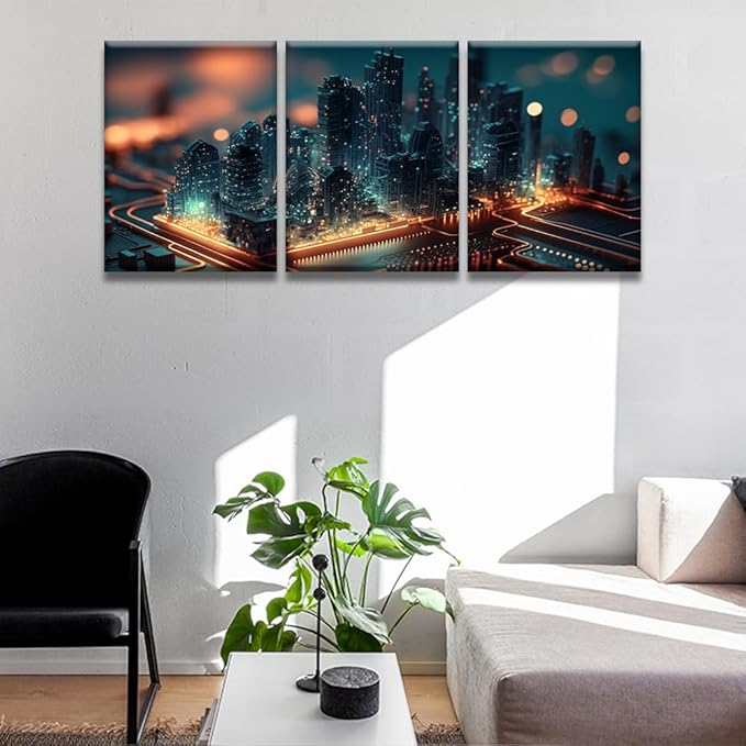Bedroom Wall Decor 3 Panel Smart City on Circuit Board Artwork Print on Canvas for Living Room Bedrooms Wall Decorations, Wooden Framed Gallery-Wrapped Ready to Hang 12x16inchx3