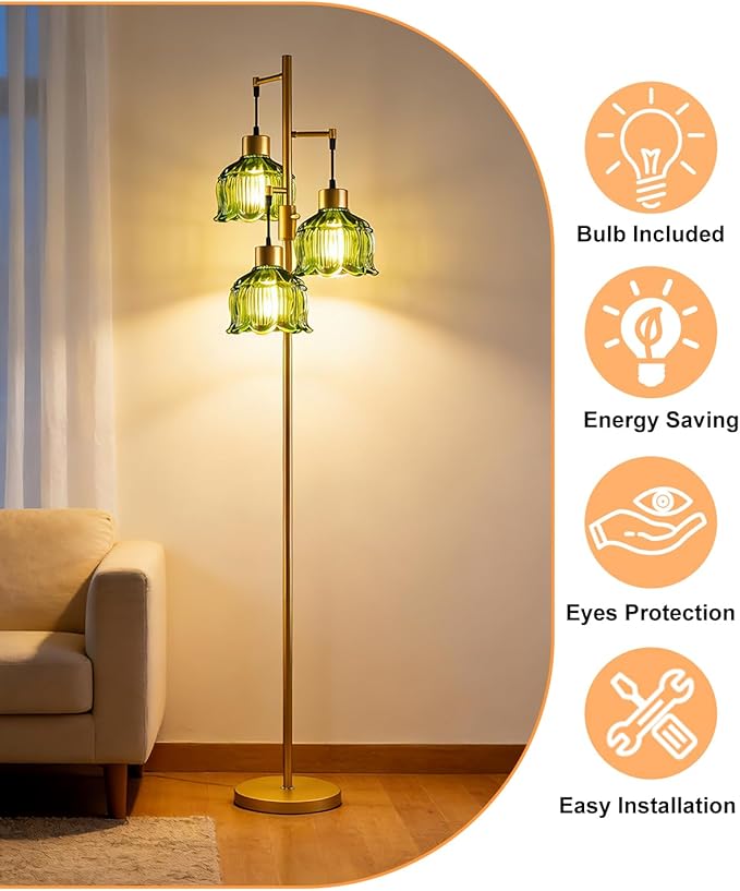 Gold Floor Lamps for Living Room, 3-Light Dimmable Floor Lamp with Green Glass Shade& E12 Bulbs Included, 65'' Mid Century Tall Standing Lamp for Bedroom/Sofa Beside/Corner Decor