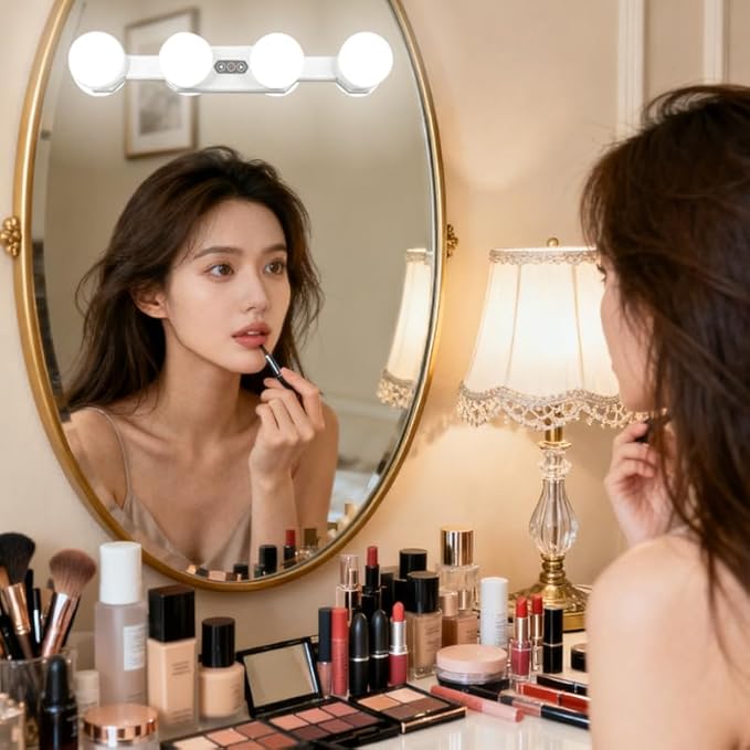 Portable LED Makeup Cordless Rechargeable Professional Vanity Mirror Light with 4 LED Bulbs,Simulated Daylight for Bathroom Makeup Dressing Table Lights Dresser Lights