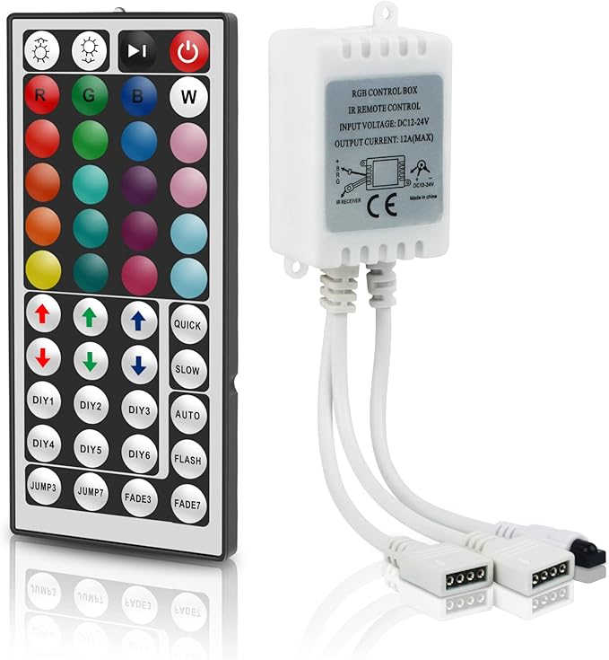 RGBZONE 4PIN RGB LED Controller, 2 Ports Low Voltage LED Controller, 44-Keys Wireless IR Remote Control, DC12V-24V 5050 2835 3528 LED Strip Lights