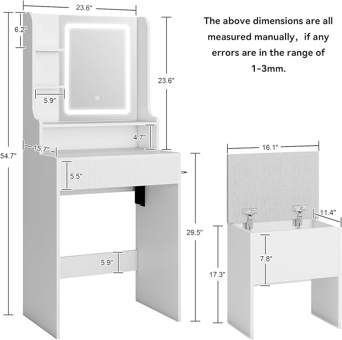 YOURLITE Fluted Makeup Vanity Desk with Mirror and Lights, 24" Small Vanity Table Set with LED Mirror & Stool, Dressing Table for Bedroom