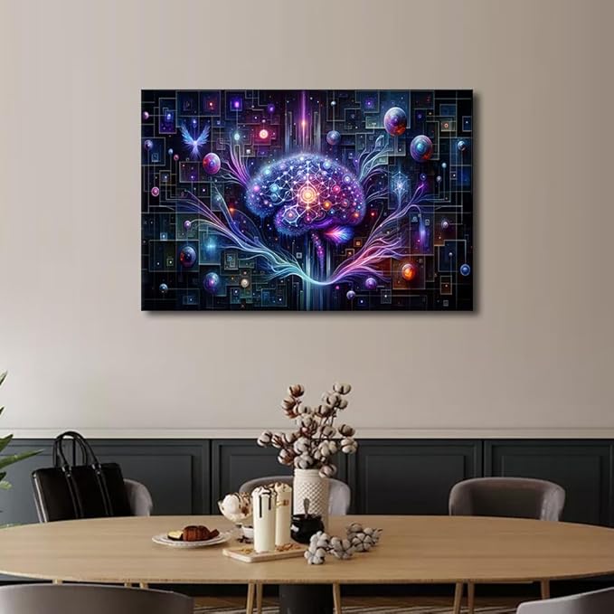 Neural Network Wall Art for Bedroom Futuristic Technology Wall Decor for Living Room AI Print Artwork Canvas House Wall Decoration Framed Artwork for Walls 16" Wx24 Hx1 Panel