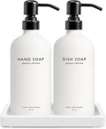 Vine Creations Glass Soap Dispenser Set, Kitchen Soap Dispenser Set with Ceramic Tray, 16 oz Dish Soap and Hand Soap Dispenser Set with Stainless Steel Pump Decor (White Bottle/Matte Black)