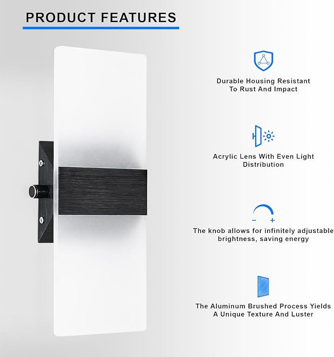 Lightess Modern Wall Sconce with Switch, Indoor Wall Light Dimmable, 12W Black Acrylic Wall Mounted Light Fixtures for Hallway Stairway Bedroom, Cool White, 1 Pack