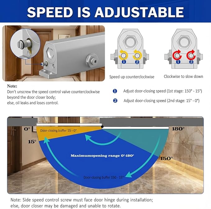 Automatic Door Closer, Adjustable Dual-Speed Hydraulic Soft Close, Silent & Anti-Slam, Anti-Rust Aluminum Body, Easy DIY Installation, Fits 88–143lb Doors 23–43in, for Home & Commercial Use