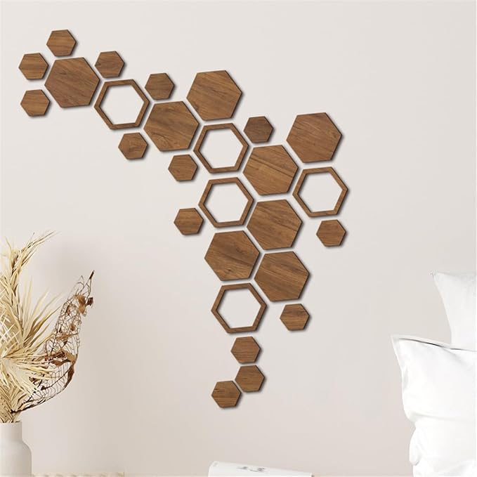 Wooden Hexagon Wall Art Decor, 27 PCS 3D Removable Hexagon Wall Stickers Honeycomb Decor, Wood Hexagon Wall Decor Panels DIY Hexagonal Wall Decals for Office Living Room Bedroom Home Wall Decoration