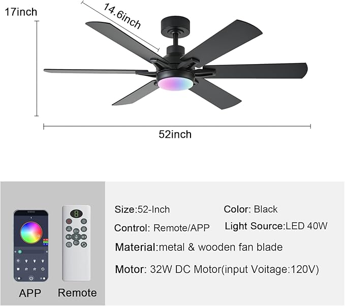 52in Ceiling Fans with Lights RGB Ceiling Fan with Light and Remote/APP Control,Low Profile Ceiling Fans with Lights for Bedroom,Living Room,Kids Room,3CCT Dimmable Modern Ceiling Fan, 6 Speeds,black