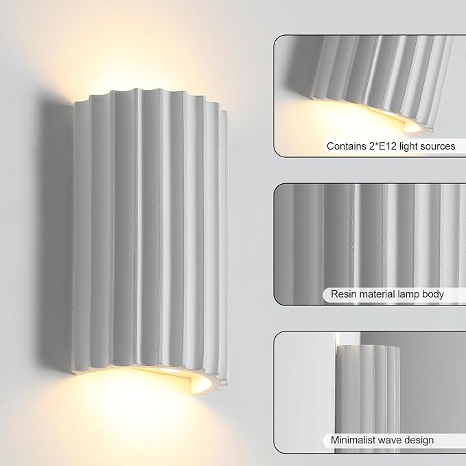 ZEROUNO White Resin Modern LED Wall sconces Wall Lighting Set of 2, Hardwired Indoor Wall Light Fixtures Lamp Up and Down for Living Room Bedroom Hallway Corridor Conservatory Stairs (with E12 Bulbs)