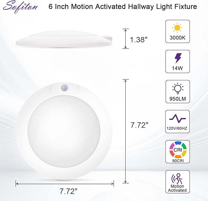 6 Inch Motion Sensor Ceiling Light Indoor, 14W 3000K Wired LED Disk Lights, CRI90+, 950LM, ETL Certified, Wet Location, Motion Activated Light for Closets, Hallway, Entryway, Stairs, 4Pack
