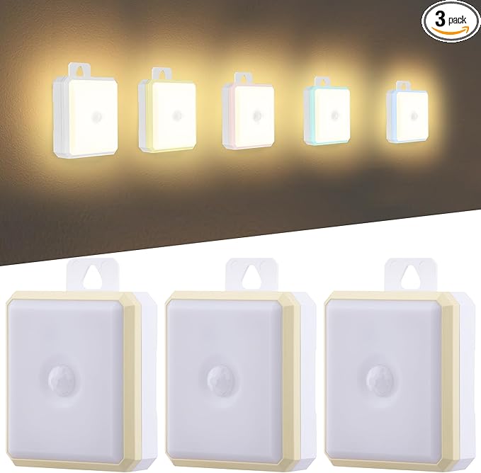 Motion Sensor Night Light Indoor - Cordless Battery Powered Under Cabinet Lighting, Stick-on Magnet LED Closet Lights, Safe Light for Stairs, 4000K Nightlight 3-Pack (Yellow)